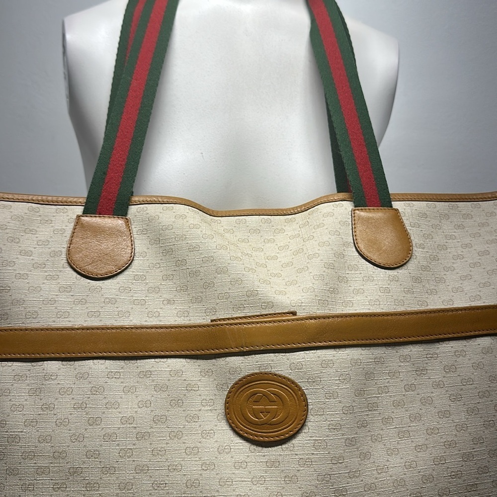 Gucci Signature East West Tote Shoulder Bag Purse Vintage 1980's Cream Tan Red - Picture 6 of 16